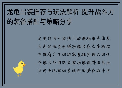 龙龟出装推荐与玩法解析 提升战斗力的装备搭配与策略分享
